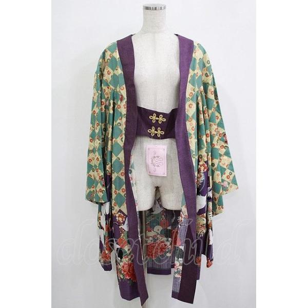 アンティーク紫に百花繚乱着物単品 metamorphose / 百花繚乱〜まほろばの舞〜着物風羽織り Free 緑青×紫 H
