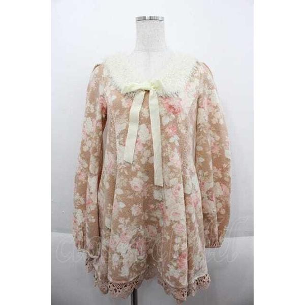 LIZ LISA / ファー襟フラワープリントミニワンピース ブラウンX