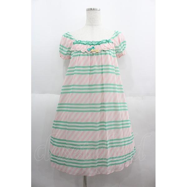 Emily Temple cute / ボーダーシフォン半袖ワンピース ピンクXミント