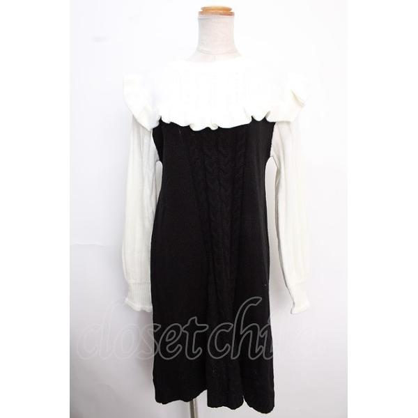 SALE】axes femme / リボン付きフリルニットワンピース F 黒 Y-25-02