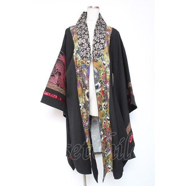 Qutie Frash / 和柄切替着物ロングカーディガン 黒×赤 Y-26-01-20-111