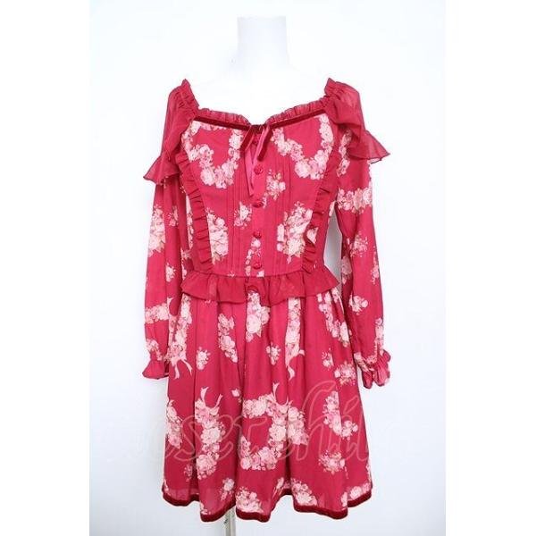 米国百貨店購入 定価21万 ピンクリリー(百合)フローラルワンピース LIZ LISA / Heart Bouquet柄ワンピース 0 赤 Y-26-05-21-152-LO-OP-SZ
