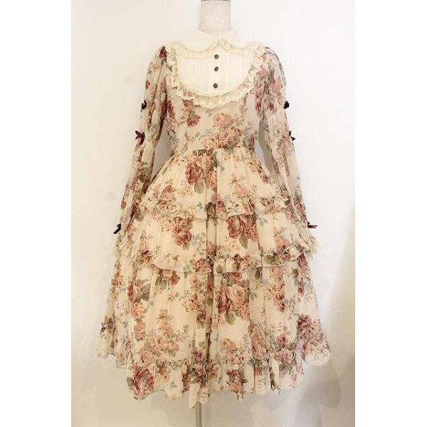 Innocent World / ローズシフォン丸衿ドレス M ピンクxボルドー O-26