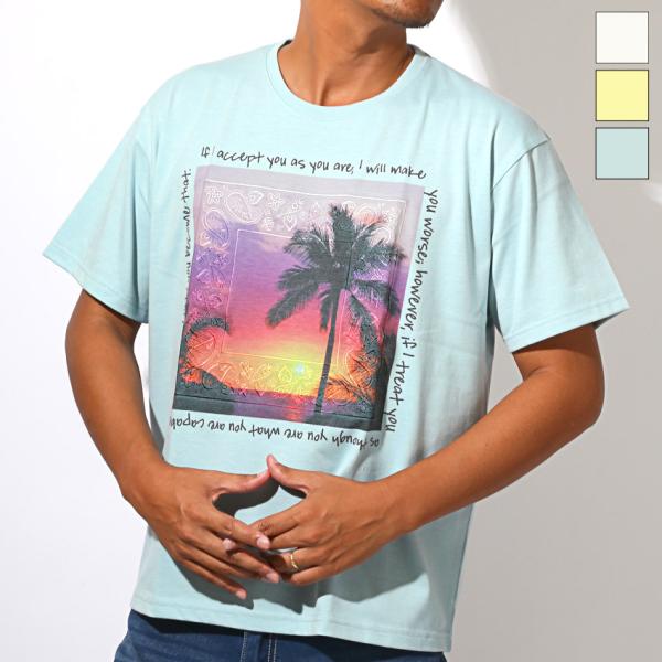半袖Tシャツ トップス クルーネック Tシャツ 半袖 メンズ フォトプリント 刺繍 ペイズリー柄 サンセット 夕日 ビーチ aa-3603