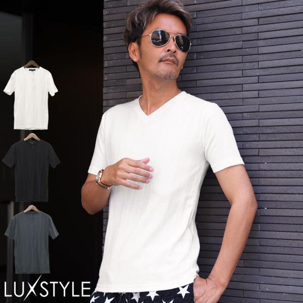 Tシャツ 半袖 メンズ 半袖Tシャツ トップス カットソー Vネック 無地 ストライプ 凸凹 細身 スリム 伸縮性 シンプル aa-3908