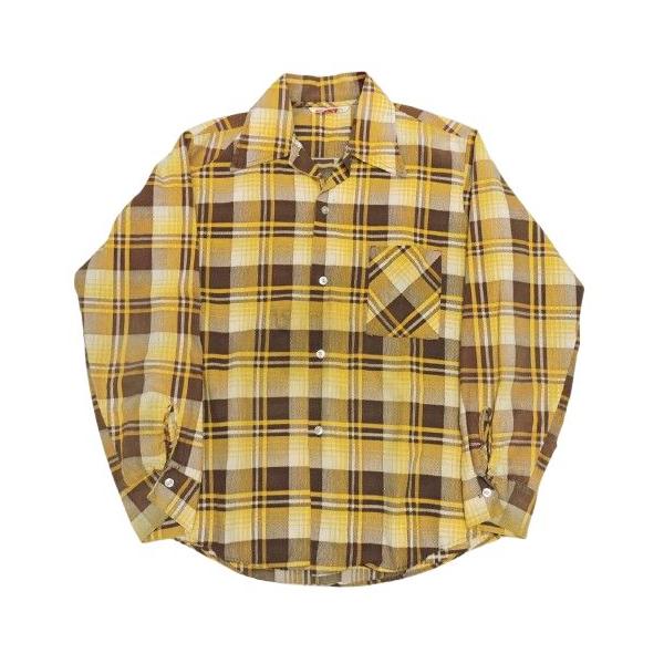 vintage Permanent press チェックシャツ　黄　ブラウン PERMANENT PRESS 70s オープンカラープリント チェックシャツ サイズ