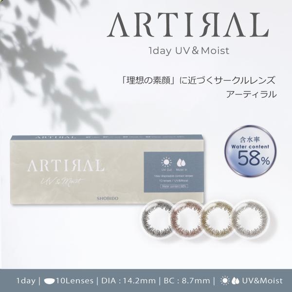 ・商品名 アーティラル1day 58%・販売名 アーティラル58UVM・含水率　58%・承認番号　30200BZX00099A05・包装　1箱10枚入り・使用期間　1日使い捨てソフトコンタクトレンズ・分類　グループIV (イオン性高含水レン...
