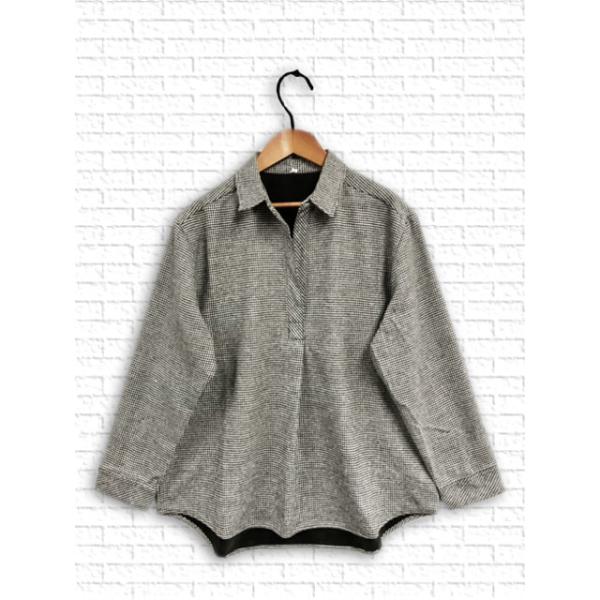 トップス] 裏フリースチェック柄スキッパープルオーバーシャツ