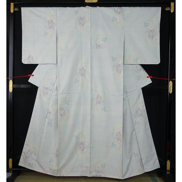 白大島紬 未使用 しつけ糸付き 藤絹 都喜ヱ門 優しい色合い 蝶々柄 袷  