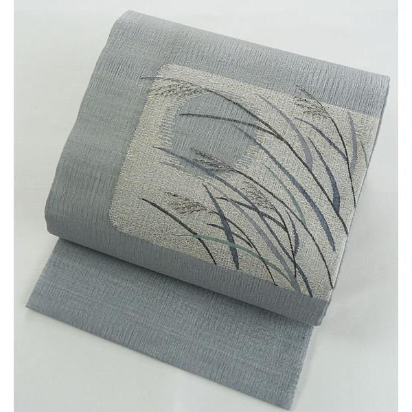 単衣〜夏物 夏帯 未使用 変り紋紗織 京袋帯 おぼろ月 ススキ柄 正絹  