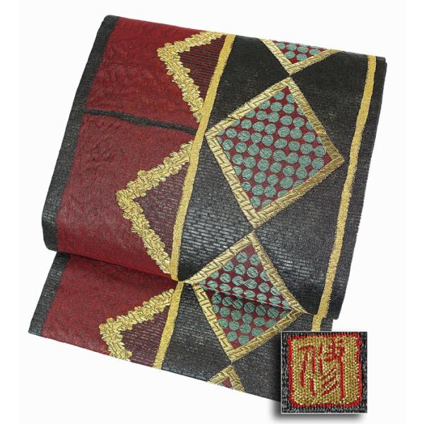 袋帯 未使用 膨れ織調 振り分け幾何学模様 豪華金糸金箔色糸織り込み  