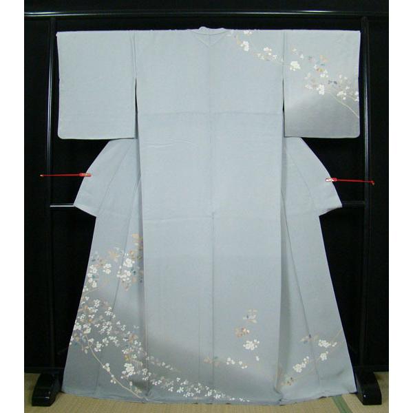 京友禅訪問着 ロング丈168cm位 蒼白色暈し染 草花柄 正絹9015  