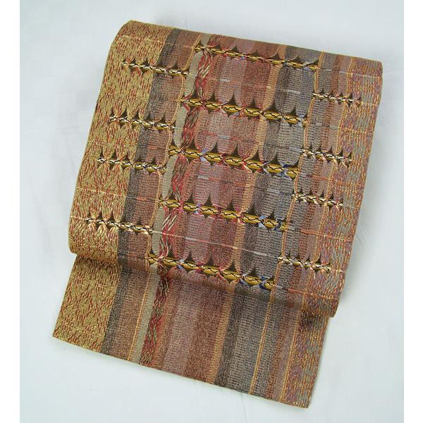 帯 ひなや袋帯 お太鼓柄 金糸織り込み間道縞柄 正絹 9433