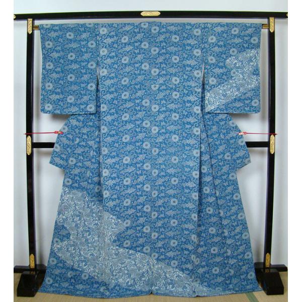 訪問着 超ロング丈 日本の美 藍染蔦花 菊花柄 正絹 9440 : きもの 