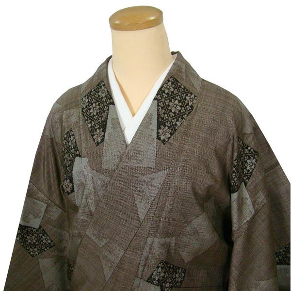 大島紬(袷)(格子に幾何学文様未使用しつけ糸付き 黒色×こげ茶系)