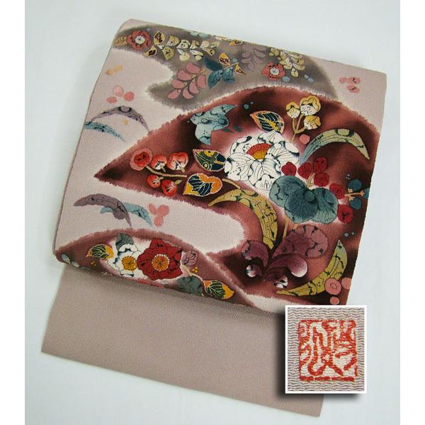 縮緬九寸名古屋帯 露芝柄取り辻が花染柄 作家落款入り 正絹