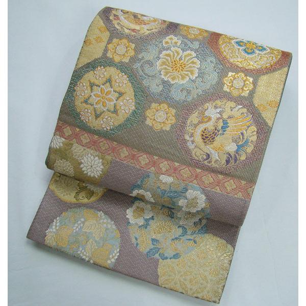 存在感の金箔短冊、菊花、雀、刺繍、波濤、金箔加工柄 袋帯 正絹☆7655