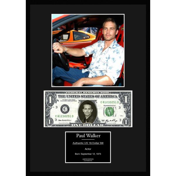 人気映画俳優Fast &amp; Furious/ワイルド・スピード【ポール・ウォーカー/Paul Walker】写真本物USA1ドル札フレーム証明書付/カラー/1