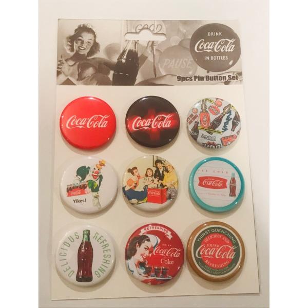 9個セット!レア缶バッジ☆コカ・コーラ☆Coca-Cola/ビンテージ風