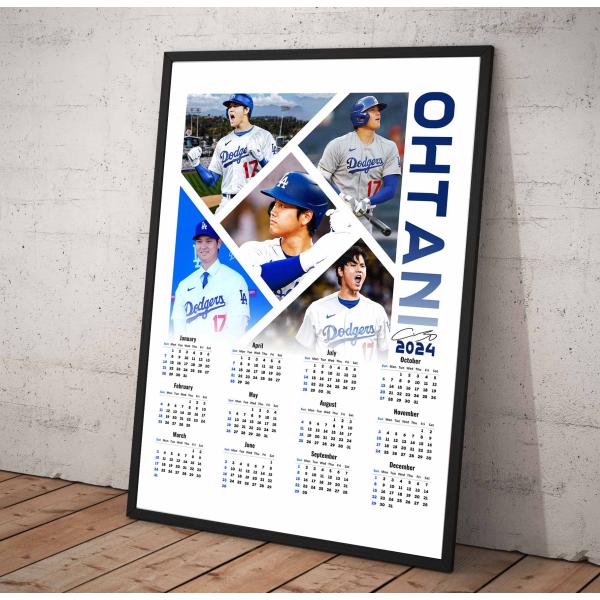 2024年 カレンダー【 MLB ロサンゼルス・ドジャース 大谷翔平 】写真 カレンダー ポスターフレーム付 A3 - 1