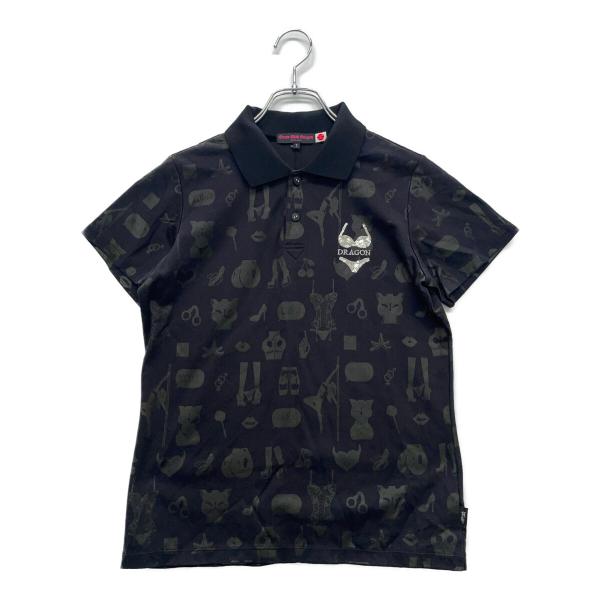 coco 中古【SALE】  ダンスウィズドラゴン DANCE WITH DRAGON レディース 半袖ポロシャツ 2(M) 黒 ブラック 総柄   ネコポス発送可 93668