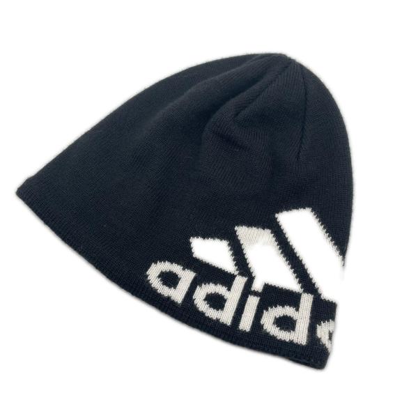 coco 中古 アディダスゴルフ adidas GOLF ニット帽 L 58cm 黒 ビッグロゴ ビーニー  裏フリース 防寒対策 ネコポス発送可 110120
