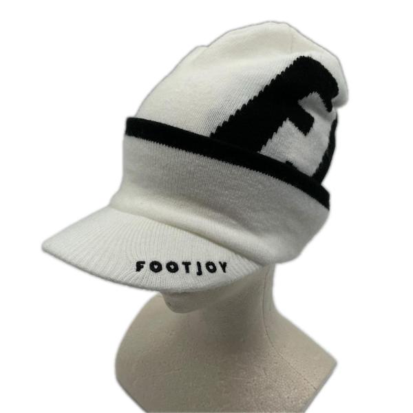 coco 中古 フットジョイ FootJoy つば付ニット帽 F(57-59cm) 白 ホワイト ビッグロゴ レターパックプラス発送可 K036524