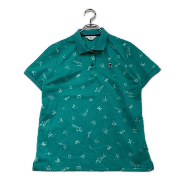 中古 マンシングウェア Munsing wear レディース 半袖ポロシャツ L 緑 グリーン 吸汗速乾 ストレッチ 総柄 ネコポス発送可 K037463