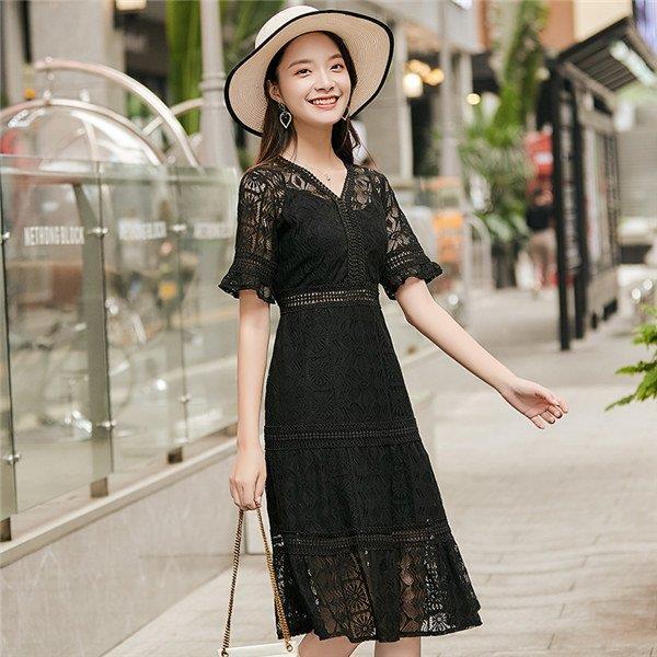 独特の上品 ワンピース 韓国 半袖 ミモレ丈 夏 レース 無地 海デート 旅行 リゾートワンピ 夏ワンピース 高級感 ハイウエスト Aライン 大人可愛い ワンピース 夏ワンピース ハイウエスト Aライン 大人可愛い ワンピース チュニック Swepco Ae