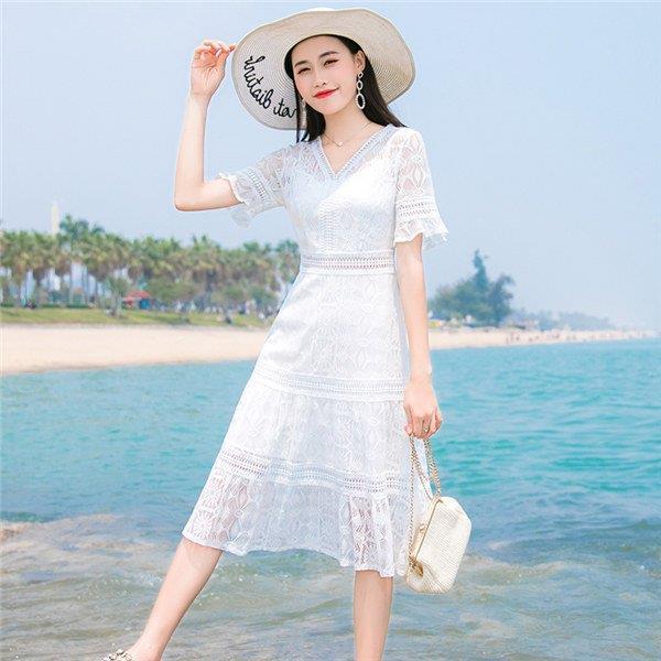 独特の上品 ワンピース 韓国 半袖 ミモレ丈 夏 レース 無地 海デート 旅行 リゾートワンピ 夏ワンピース 高級感 ハイウエスト Aライン 大人可愛い ワンピース 夏ワンピース ハイウエスト Aライン 大人可愛い ワンピース チュニック Swepco Ae
