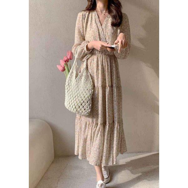 大人気新品 ロング丈 ワンピースドレス 花柄 長袖 春秋 シフォン ワンピース Vネック きれいめ レディース ワンピース 着痩せ 上品 Ol 大人 通勤 オシャレ 韓国風 ワンピース サイズ M Grandprixlagoranco Cl