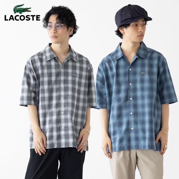 【新品未使用】LACOSTE　グレンチェック襟付きシャツ LACOSTE ラコステ リネンブレンド オープンカラー オンブレ