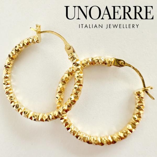 ウノアエレ UNOAERRE ピアス 18金 K18 ゴールド フープピアス ダイヤモンドカット イタリア製 巾着袋＆ジュエリーBOX付き！ プレゼント