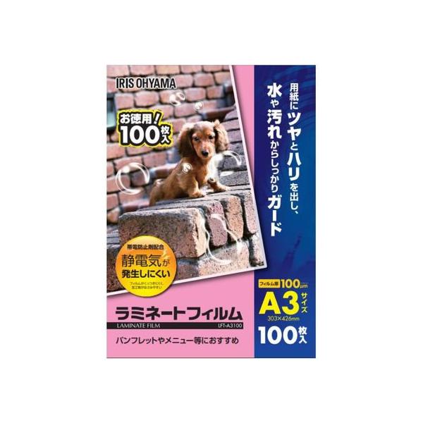 【仕様】●厚さ：１００ミクロン（０．１ｍｍ）●サイズ：Ａ３（３０３×４２６ｍｍ）●注文単位：１箱（１００枚）●帯電防止剤配合で静電気が発生しにくい。フィルムがくっつきにくく、加工物が挟みやすい。