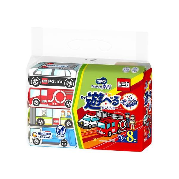 【商品説明】●トミカデザインのもって遊べるおしりふき。●肌ざわりカシミヤタッチでやさしくふける。●水分たっぷりで、時間が経ったこびりつきうんちにもサッとなじんで、やさしくキレイにふいてあげられます。【仕様】●内容量：７６枚×８個、●成分：水...