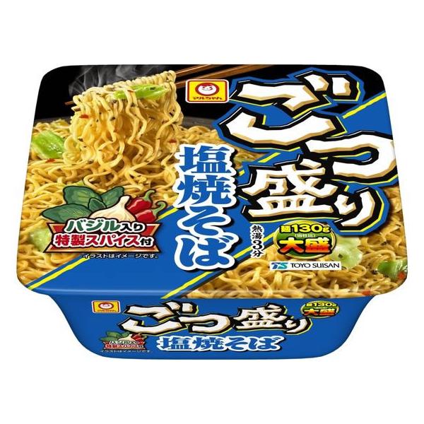 【商品説明】麺１３０ｇ、チキンと玉ねぎの旨みが利いた塩味ソースに「バジル入り特製スパイス」が付いた大盛塩焼そば。【仕様】●注文単位：１個