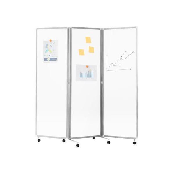 【仕様】●カラー：シルバーフレーム●サイズ：幅１８００×奥行５２５×高さ１８００ｍｍ（パーティション３枚を開いた時）●重量：本体重量／１９．８ｋｇ●仕様：フレーム／アルミ、板面／スチール、脚／スチール、キャスター／ナイロン●注文単位：１台●...