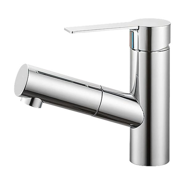 洗髪、掃除に便利なスプレーシャワー付き洗面用混合栓。　シンプルで飽きの来ないデザイン。columnシリーズ洗面用シングルスプレー混合栓便利な引き出しシャワー付き取付穴径３５〜３８ｍｍ泡沫吐水2年保証