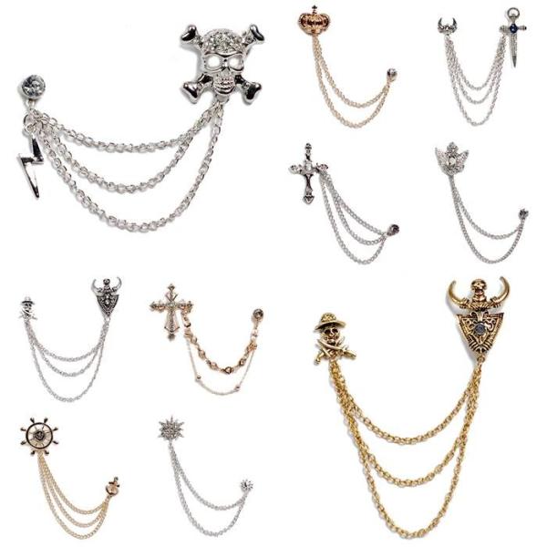 ラペルピン ピンブローチ ラペルチェーン メンズ レディース アクセサリー 飾り シルバー＆ゴールド 十字架、星、スカル、バイキング、劔モチーフの１５種