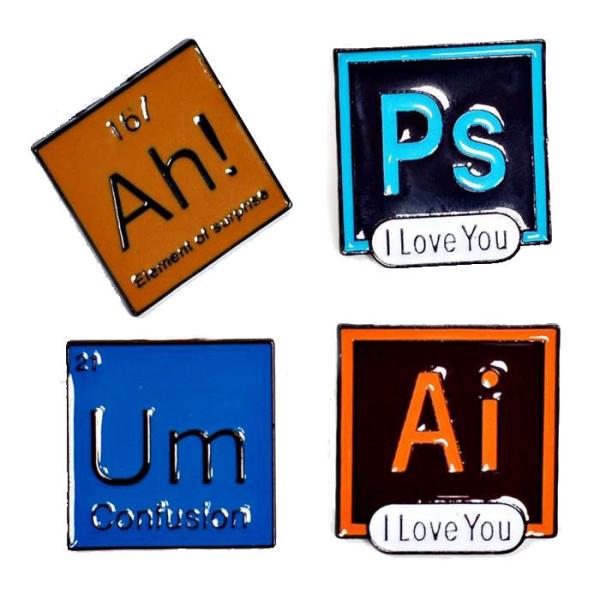 ピンバッジ ピンブローチ メンズ レディース アクセサリー ラペルピン エナメルコート フォトショップ ピン Ps Ai Um Ah! 面白いイラスト風アイコンバッジ