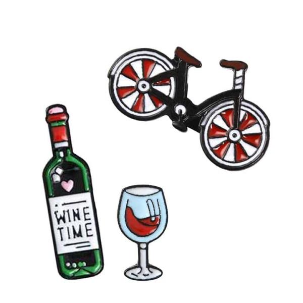 ピンバッジ ブローチ ワイン 瓶とグラスセット 自転車 メンズ レディース ラペルピン バッジ アクセサリー、送料込み、送料無料