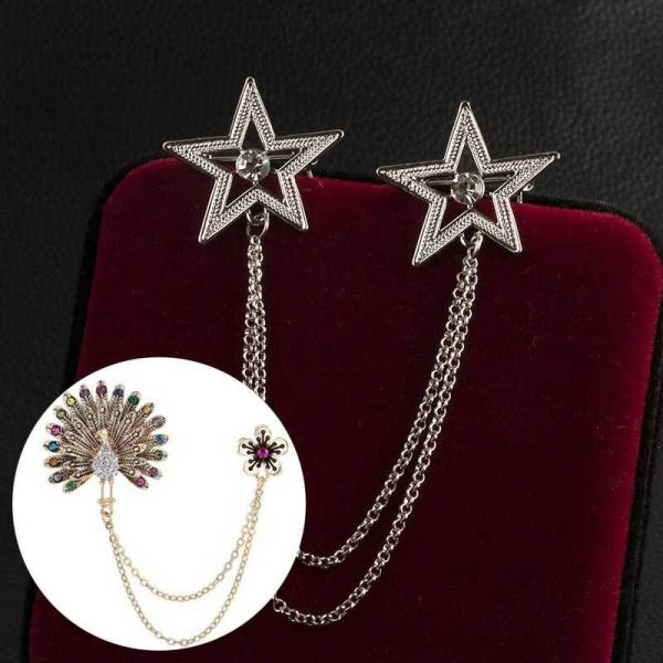 ラペルピン ラペルチェーン ピンブローチ メンズ レディース アクセサリー 飾り クジャク 鳥 モチーフ 星モチーフの2種類展開 送料無料 送料込み