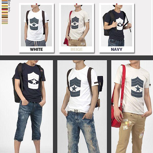 ラウンドネック 半袖 Tシャツ ミリタリー モチーフ 米軍　階級章プリント　袖裾　パッチ付き　ホワイト、アイボリー、ネイビー　３色 tst09
