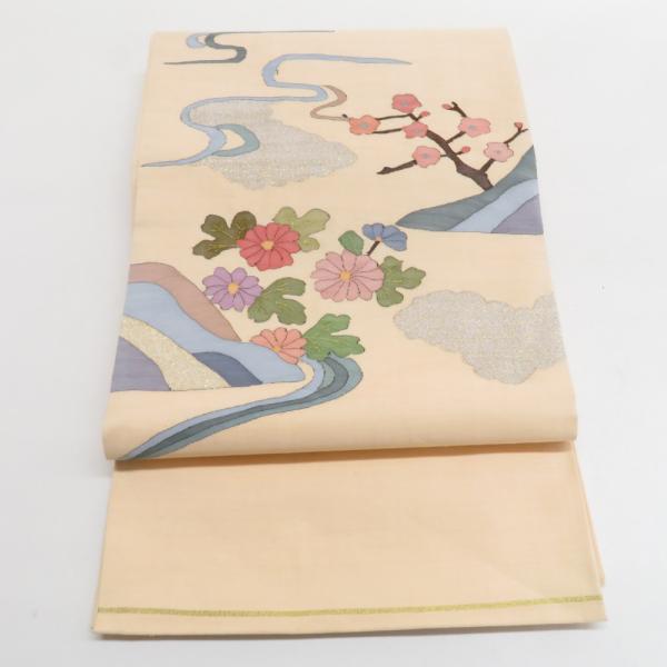 袋帯 明つづれ 正絹 流水梅菊文 織り文様 ベージュ色 金糸 - 帯 