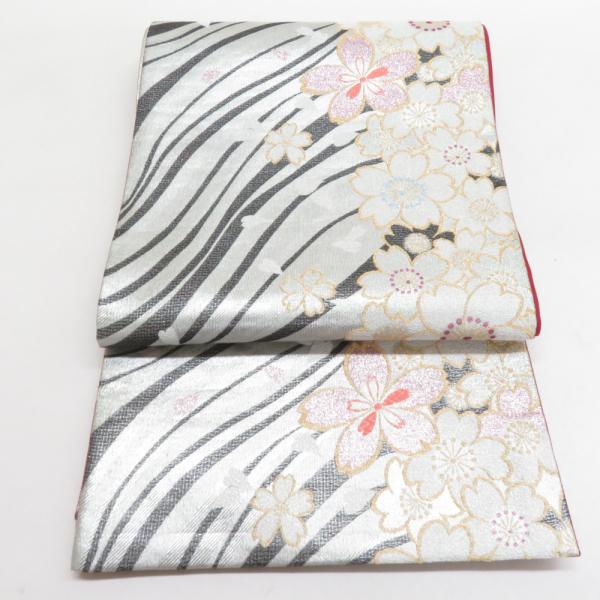 袋帯 振袖用 桜文様 銀色 金糸 銀糸 ラメ糸 六通柄 正絹 仕立て上がり