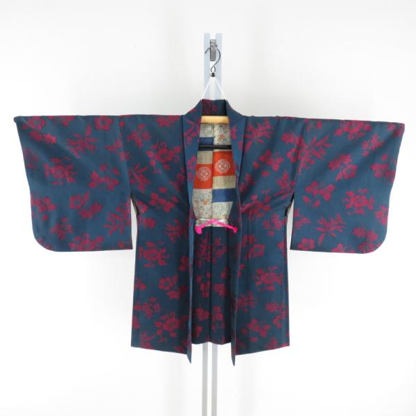 羽織 アンティーク 昔羽織 御召 長羽織 正絹 紺色 花文様 レトロ 大正