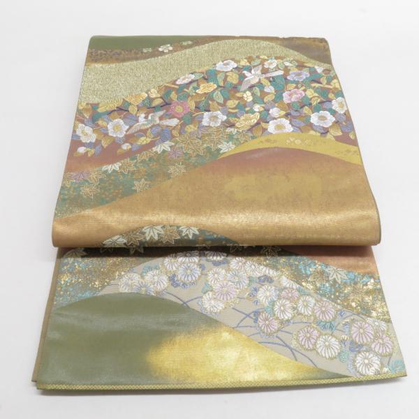 逸品♦︎着物♦︎正絹♦︎礼装♦︎袋帯♦︎さが美謹製♦︎春夏秋冬の草花と動物柄♦︎両面全通柄 袋帯 裂取花鳥文 茶緑色 金糸 六通柄 正絹 礼装 フォーマル 着物帯 長
