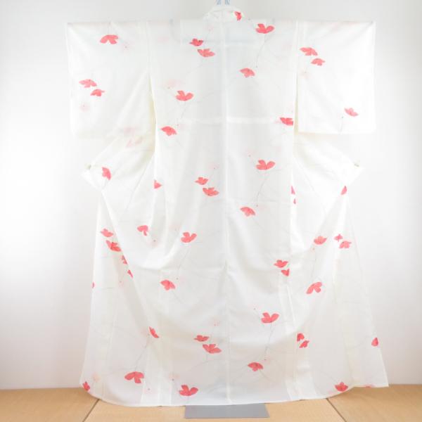 夏着物 小紋 草花文様 クリーム色 単衣 広衿 絽 ポリエステル 洗える着物 夏用 仕立て上がり 身丈162cm