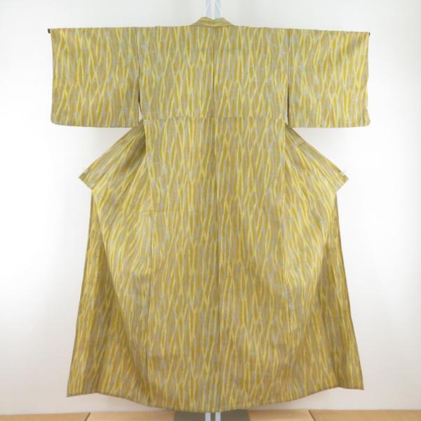 ウール着物 単衣 水玉によろけ縞文様 染め柄 からし色 バチ衿 カジュアルきもの 普段着物 仕立て上がり 身丈152cm