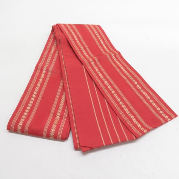 博多織 半幅帯 献上柄 臙脂色 正絹 半巾帯 小袋帯 仕立て上がり 長さ360cm